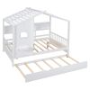 Wooden Full Size House Bed With Trundle, Modern Design for Kids with Storage Shlef, White