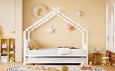 Full Size Metal House Bed with Twin Size Trundle, White